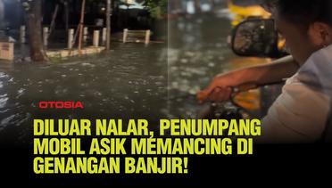 Kejutan Malam, Penumpang Mobil Memancing di Tengah Genangan Banjir!