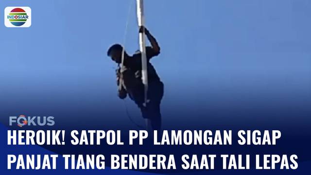 Viral! Aksi Heroik Satpol PP Lamongan Panjat Tiang Bendera saat Tali Pengait Lepas | Fokus