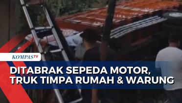 Truk Menimpa Rumah dan Warung di Jalan Galis Bangkalan Jawa Timur Usai Ditabrak Pengendara Motor