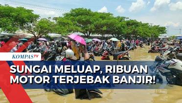 Sungai Cisanggarung di Cirebon Meluap, Ribuan Motor Buruh yang Sedang Parkir Terjebak Banjir!