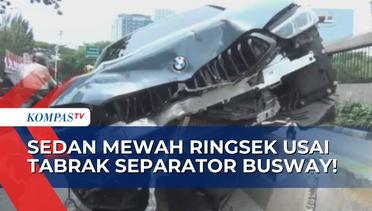 Sedan Mewah Tabrak Beton Separator Busway, Lalu Lintas Arah Senayan Menuju Slipi Sempat Macet!
