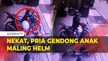Terekam CCTV Detik-detik Pria di Malang Gendong Anak Maling Helm di Parkiran
