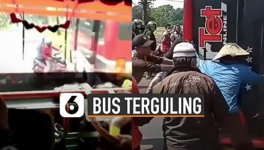 Viral Bus Terguling Menghindari Sepeda Motor Nyebrang