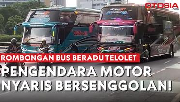 Rombongan Bus 'Bersautan' di Jalanan, Pengendara Motor Nyaris Bersenggolan!