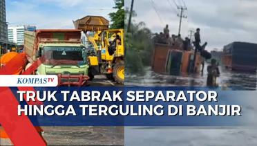 Truk Tabrak Separator Busway Hingga Terguling di Jalan Lintas Timur Sumatera