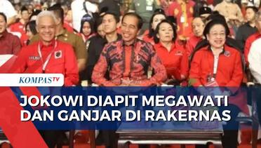 Momen Jokowi Duduk Diapit Megawati dan Ganjar di Rakernas PDIP