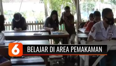 Siswa Kurang Mampu dan Anak Jalanan di Makassar Belajar Online Bersama di Area Pemakaman Umum