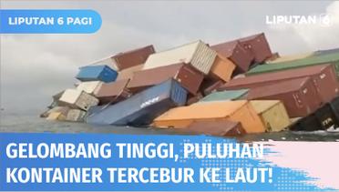 Puluhan Kontainer di Kapal Tongkang Tercebur ke Laut di Perairan Karimun, Kepulauan Riau | Liputan 6