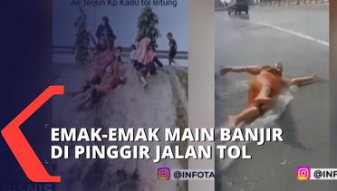 Heboh! Emak-Emak Main Banjir dan Tiduran di Bahu Jalan Tol Bitung