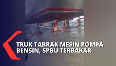 Pengemudi Hilang Kendali, Truk Tabrak Mesin Pompa Bensin SPBU Rest Area Tol Lampung