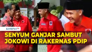 Ekspresi Bakal Capres Ganjar Sambut Presiden Jokowi di Rakernas PDIP