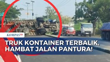 Terguling, Truk Kontainer Sepanjang 10 Meter Tutupi Badan Jalan Pantura Jalur Jawa-Jakarta!