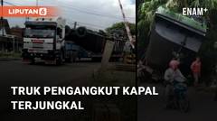 Ban Meledak, Truk Pengangkut Kapal Terjungkal di Tengah Jalan Ciharasas