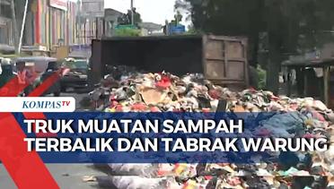 Pecah Ban, Truk Muatan Sampah Pemprov DKI Jakarta Terbalik dan Tabrak Warung