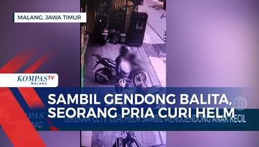 Terekam CCTV! Seorang Pria Mencuri Helm Sambil Gendong Anak Kecil