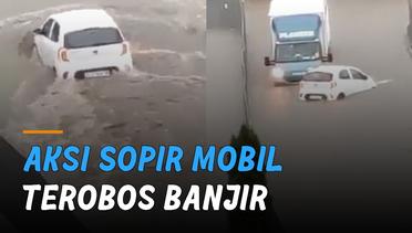 Aksi Jago Sopir Mobil Terobos Banjir dan Hindari Tabrakan dengan Truk