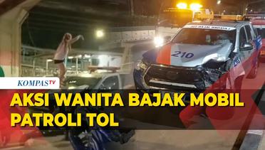 Momen Wanita Ngamuk Bajak Mobil Patroli Tol, Tabrak Mobil Lain dan Trotoar