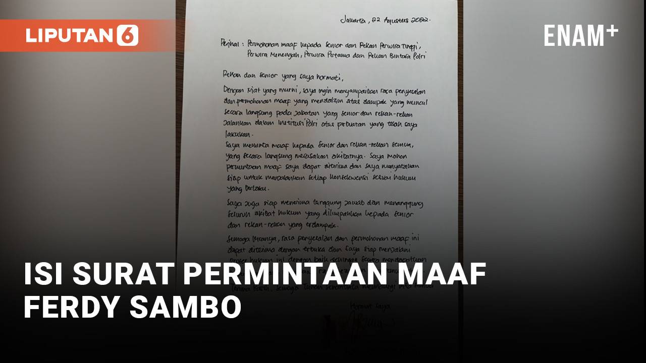Isi Lengkap Surat Permintaan Maaf Ferdy Sambo Kepada Seniornya