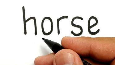 WOW, belajar cara menggambar kata HORSE menjadi gambar KUDA KEREN
