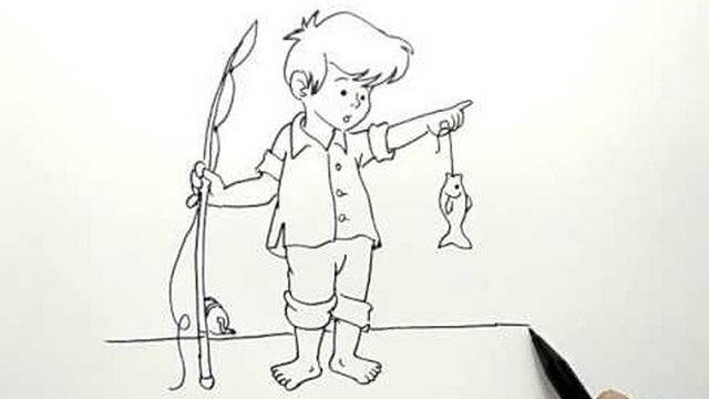 cara menggambar anak kecil mancing ikan