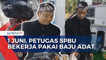 Peringati Hari Lahir Pancasila, Petugas SPBU Mojopurno Bekerja Pakai Baju Adat Jawa Timur