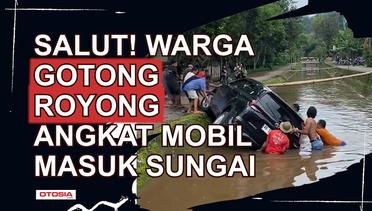 Gotong Royong Warga Selamatkan Mobil Terperosok di Sungai, Bikin Salut!