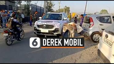 Kesal Sama Dealer, Pria Ini Derek Mobilnya Dengan Keledai