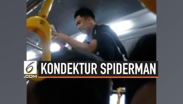 Aksi Kondektur Bus Bergelantungan Seperti Spiderman
