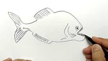 cara menggambar ikan piranha dalam 1 menit, mudah sekali
