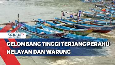 Gelombang Tinggi Terjang Perahu Nelayan dan Warung